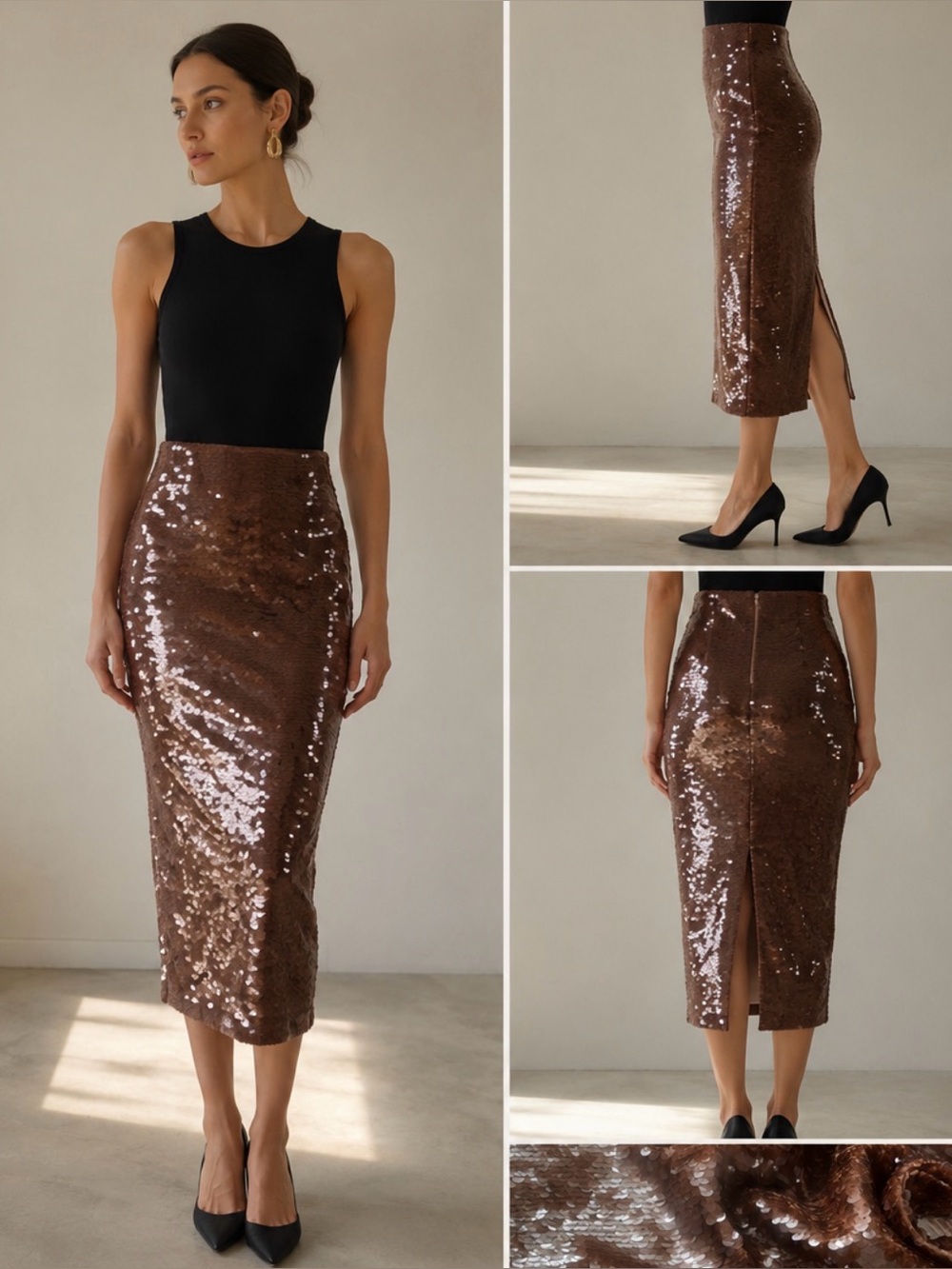 Mango Wet look Sequin pencil Skirt in Shimmering Bronze 8-10 size 
Stretch